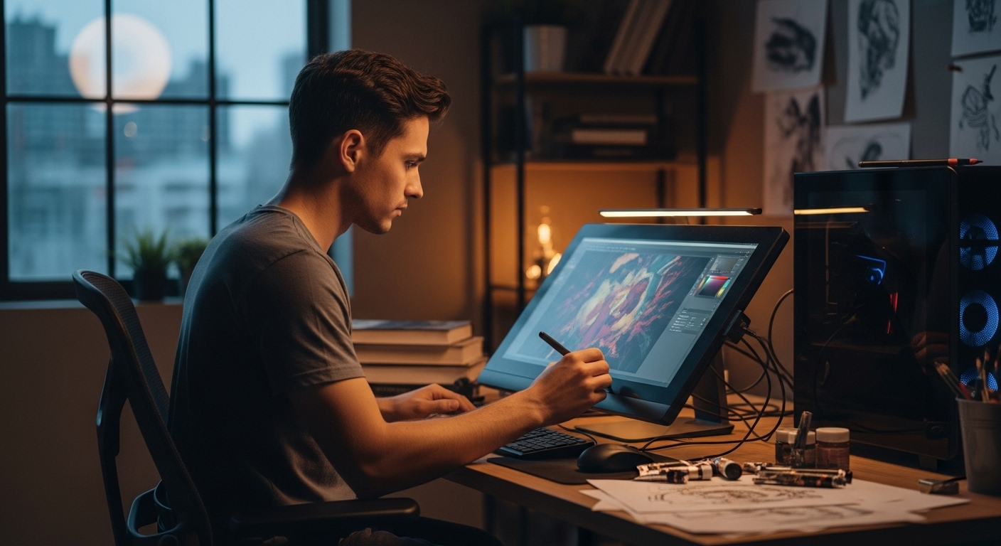 Digital artist workspace showing various dithering techniques and tools